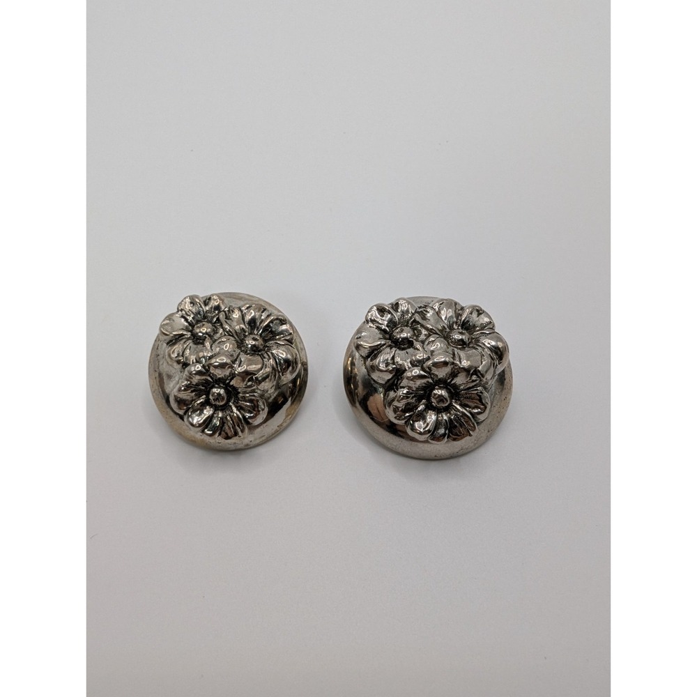 Vintage Silver Tone Floral Clip On Earrings Raised Flower Dome Button Style